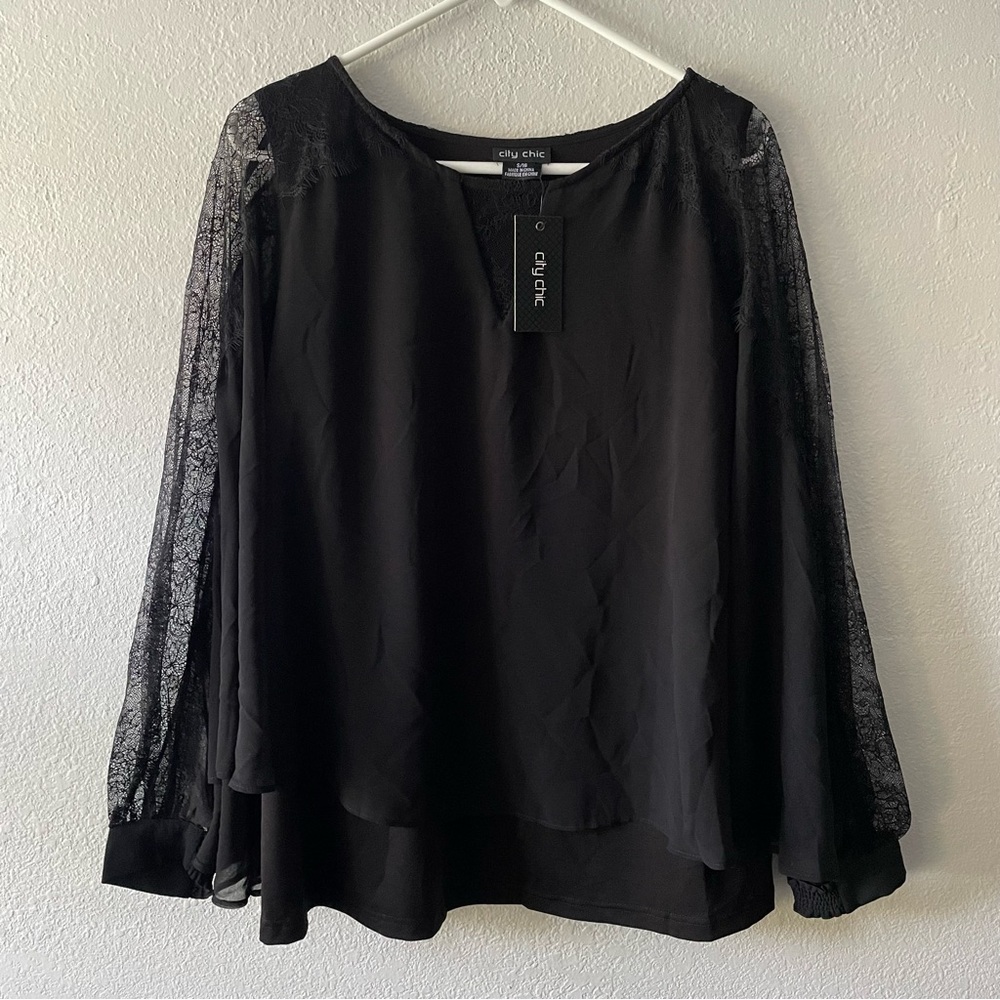 City Chic Top Lace Flow Blouse Women’s Size Small Flowy Sheer Long Sleeve NEW